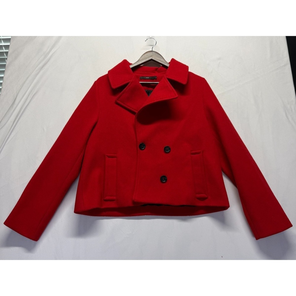 Hazel Cropped Pea‎ Coat Womens Large Red Double Breasted Notch Lapel Business